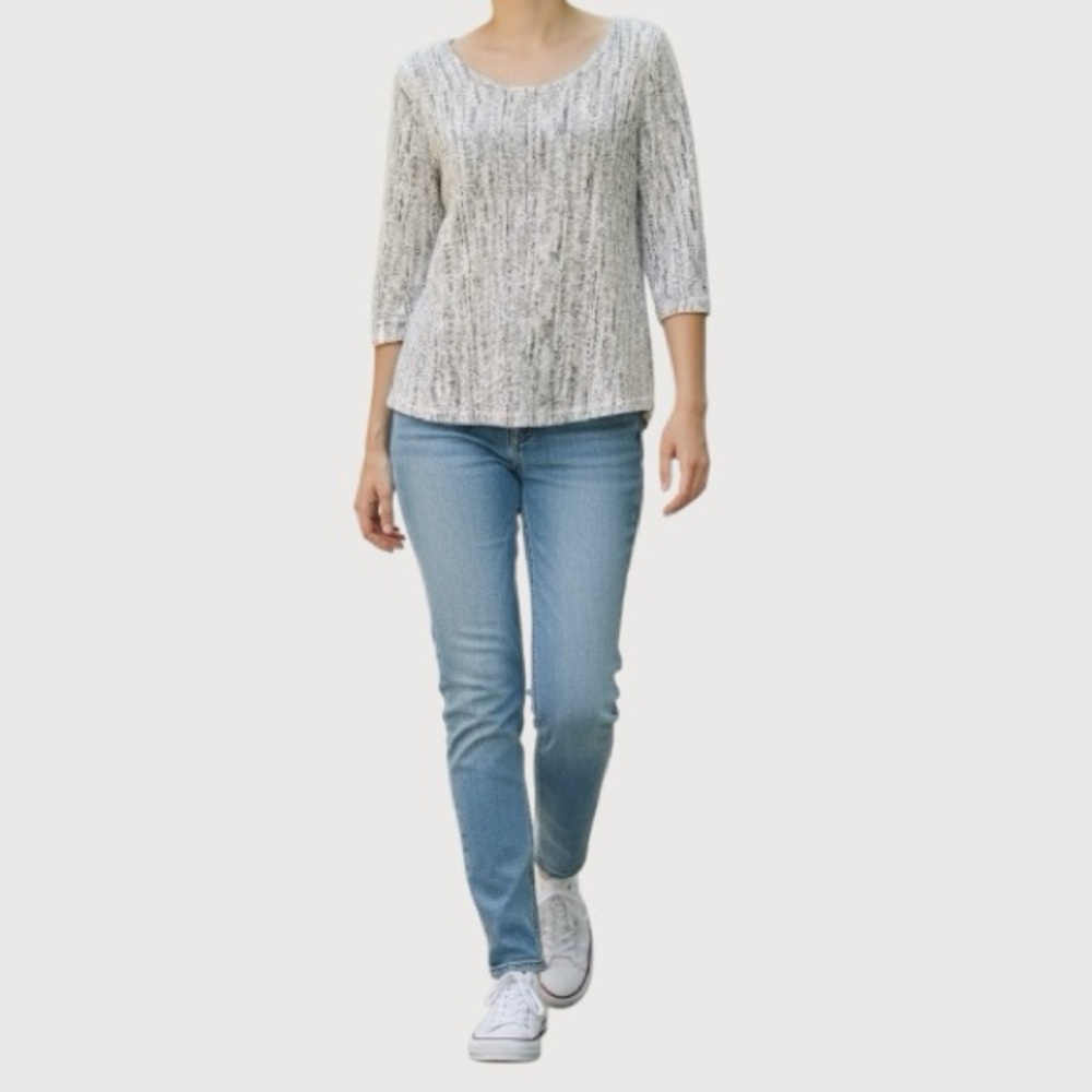 Chances R White & Gray Fuzzy Scoop Neck Sweater, 3/4" Sleeves, Size L